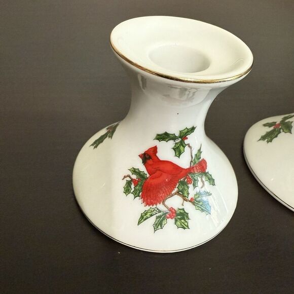 (2) Vintage Lefton Porcelain Winter Candleholders Cardinals & Holly Numbered - Picture 4 of 16